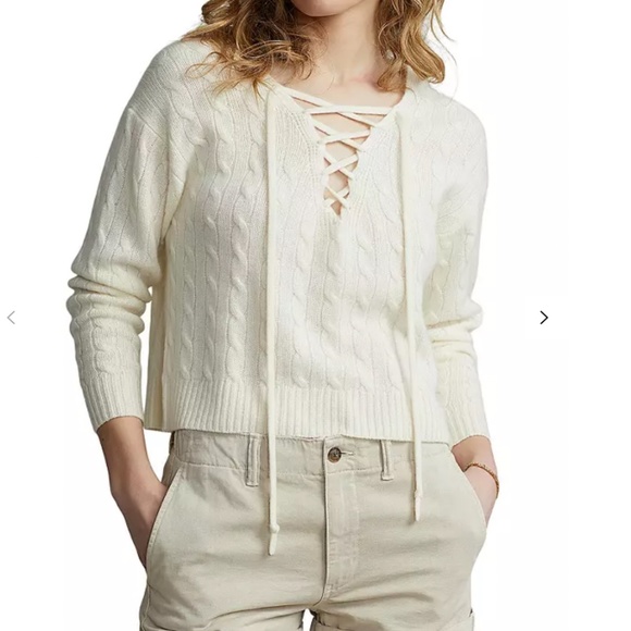 Polo Ralph Lauren Lace Up Neck Cashmere Sweater Cable Cream NWT XL - Picture 1 of 8